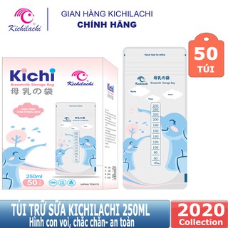 Hộp 50 túi trữ sữa Kichilachi 250ml Hình voi con, An toàn Không BPA, 2 khóa ziper chắc chắn